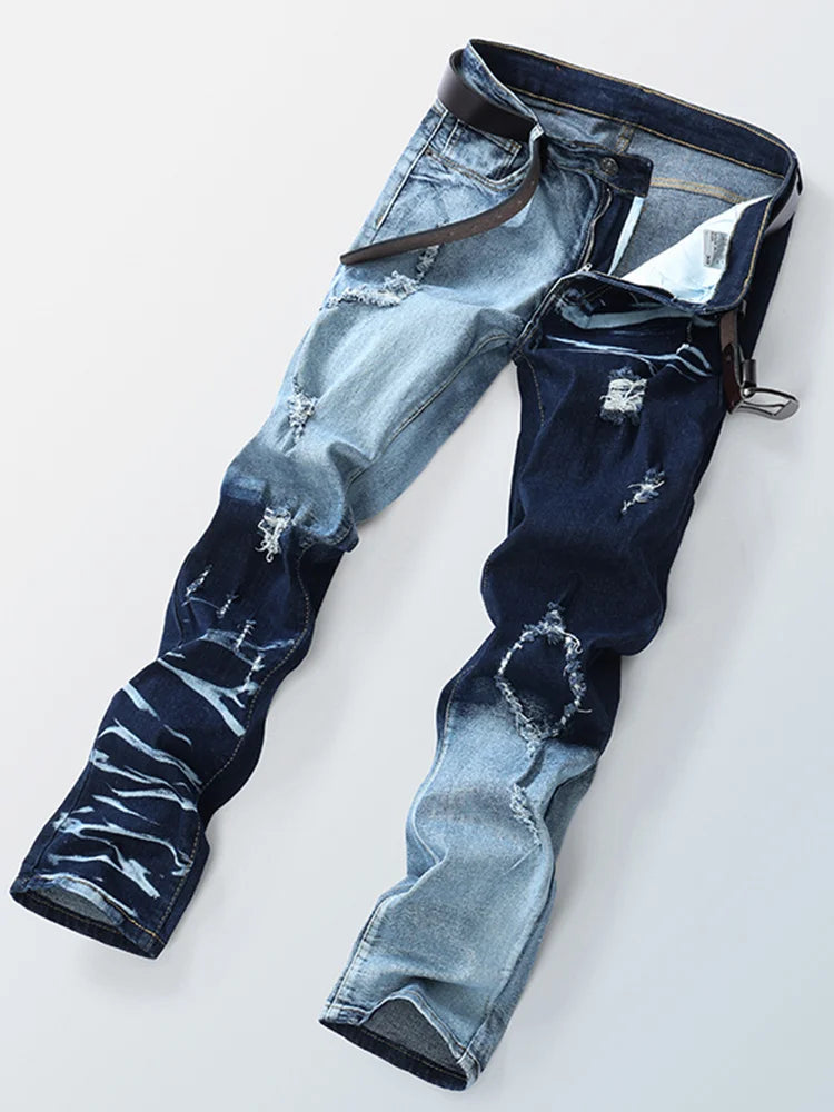 Men's Gradient Color Hole Denim Pants