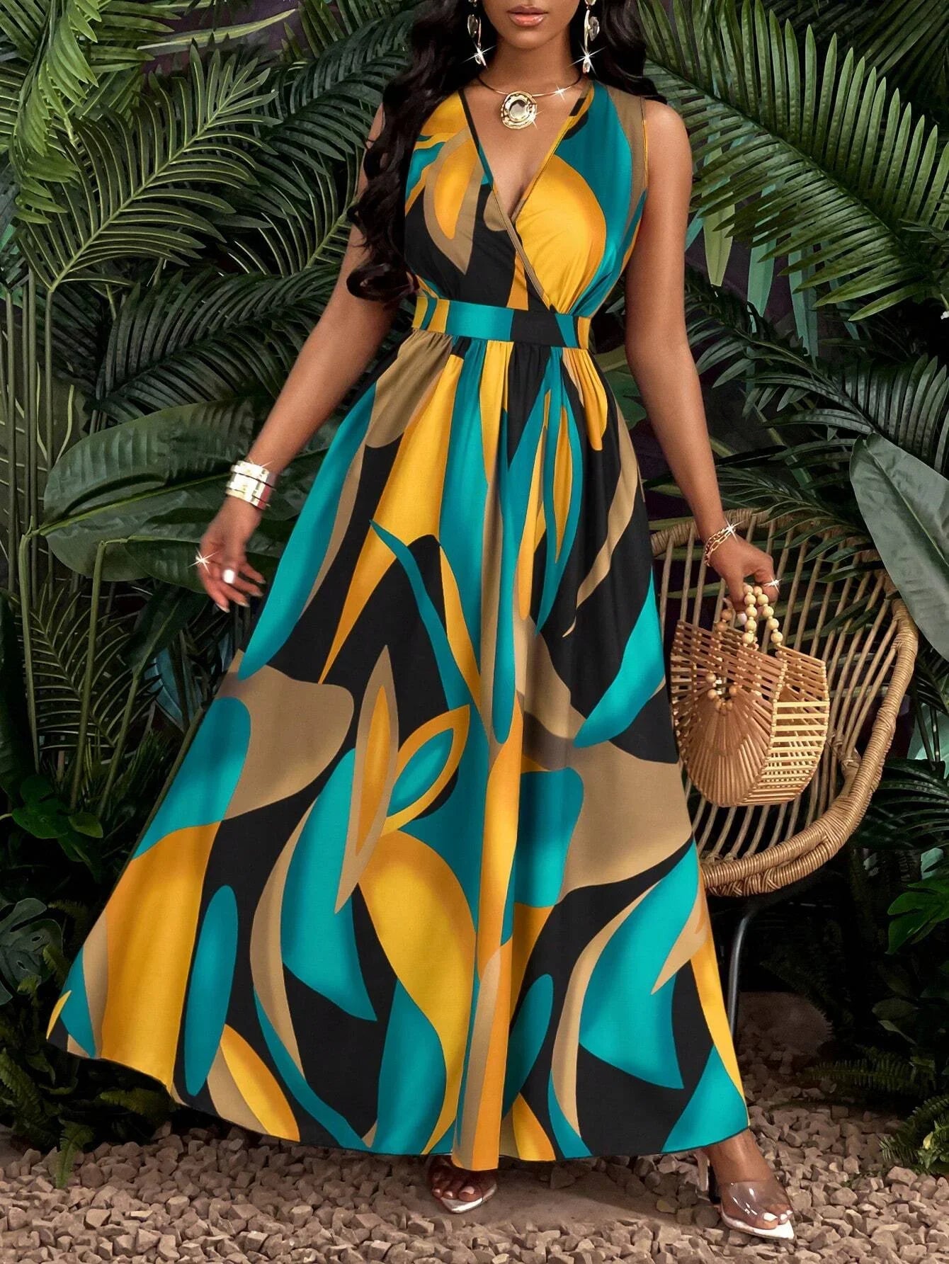 Women's sleeveless V-neck floor-length