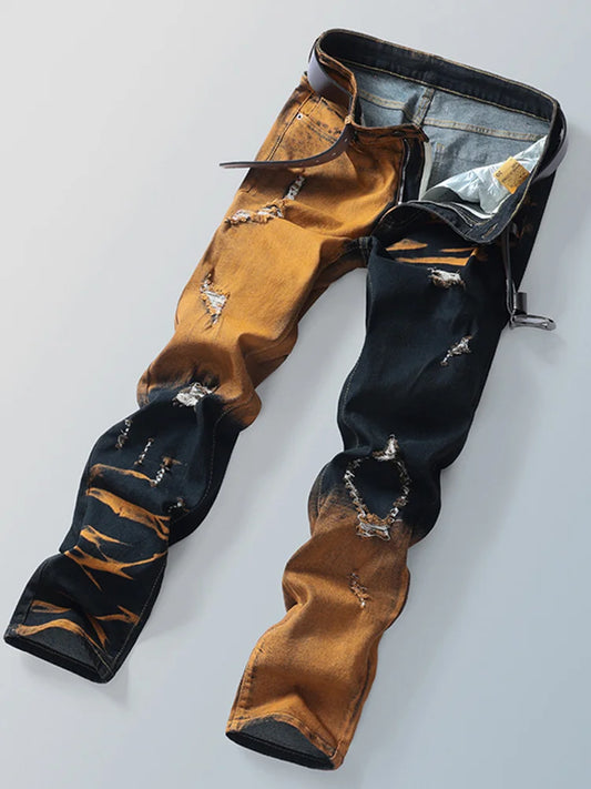 Men's Gradient Color Hole Denim Pants