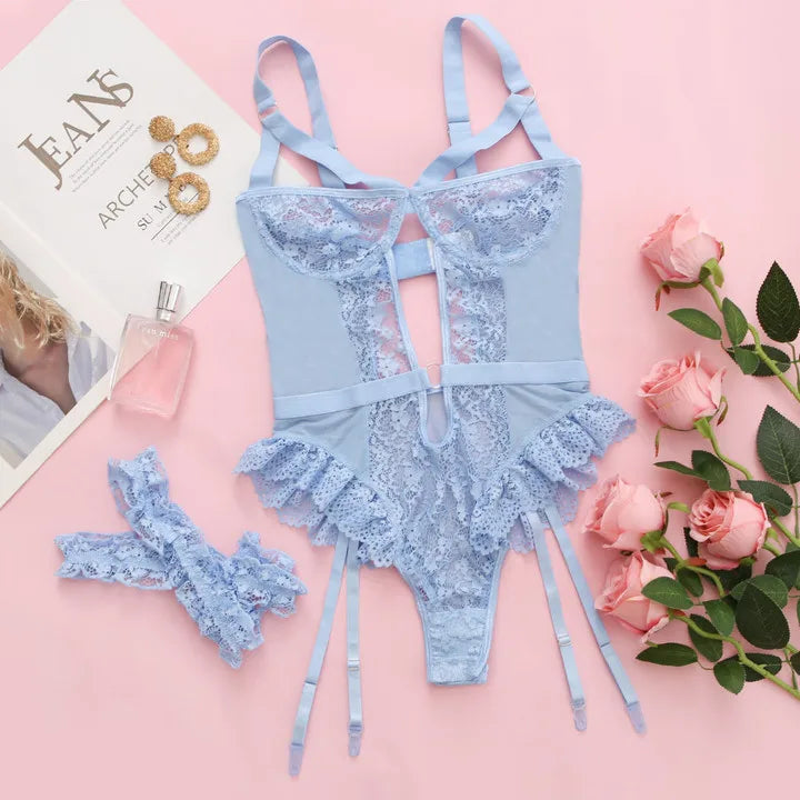 Floral Lace Garter Lingerie Set With Choker Women