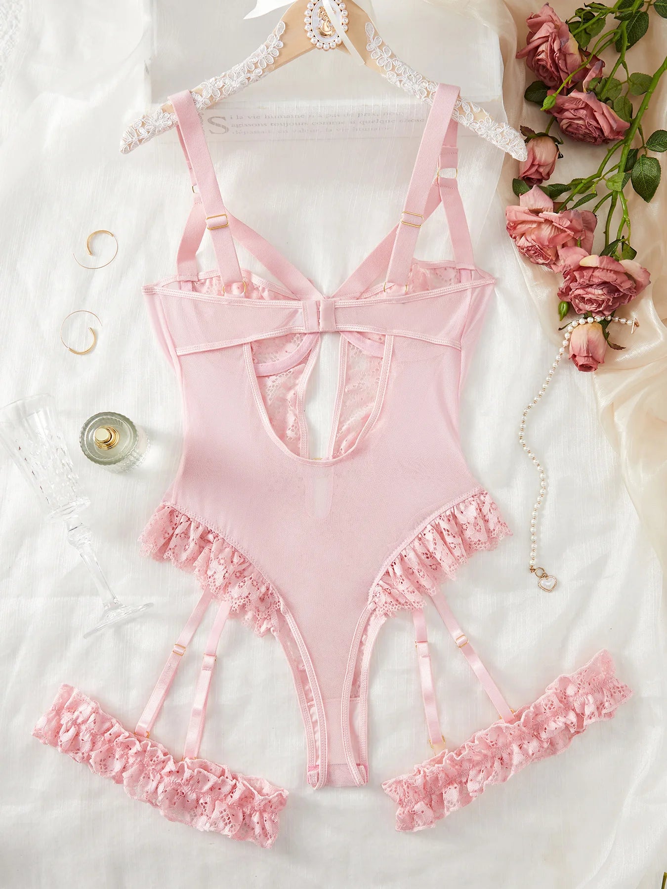 Floral Lace Garter Lingerie Set With Choker Women