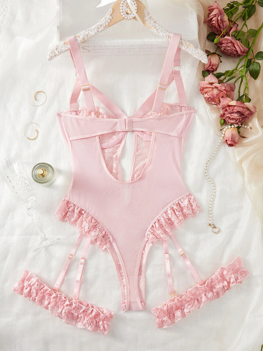 Floral Lace Garter Lingerie Set With Choker Women