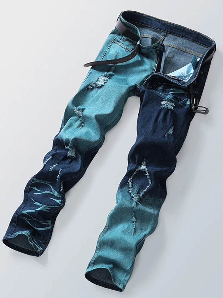 Men's Gradient Color Hole Denim Pants