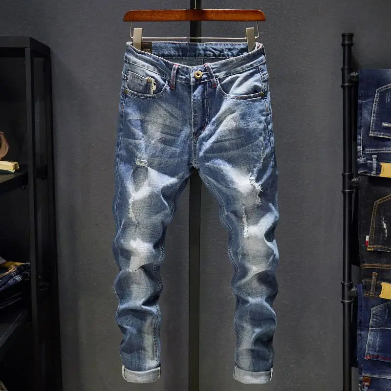 American Elastic Straight Jeans Men Ripped