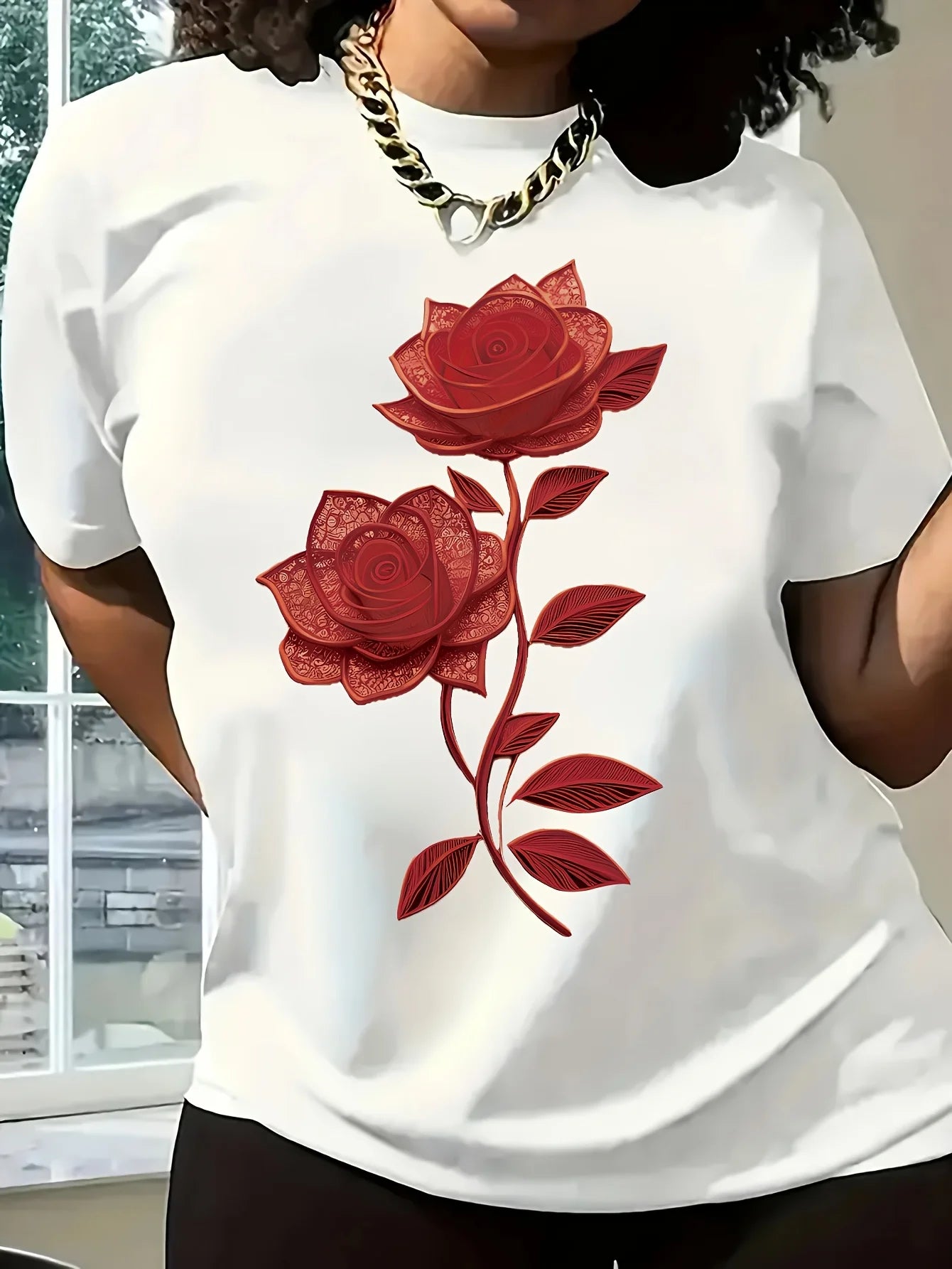 Women's Casual Crew Neck Flowers and plants T-Shirt