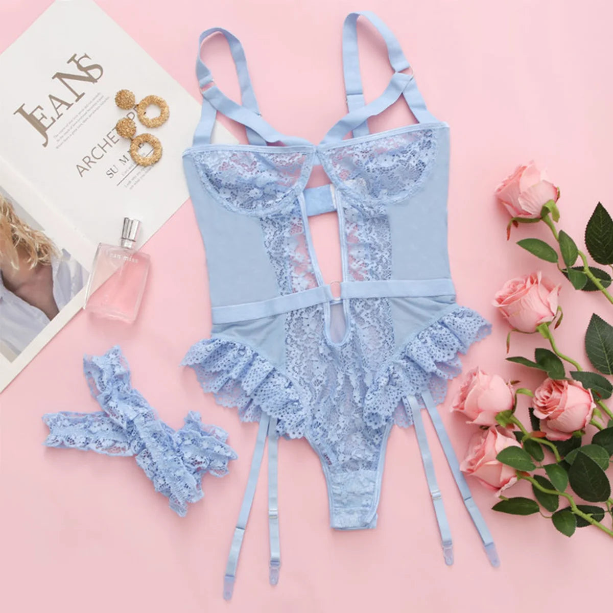 Floral Lace Garter Lingerie Set With Choker Women