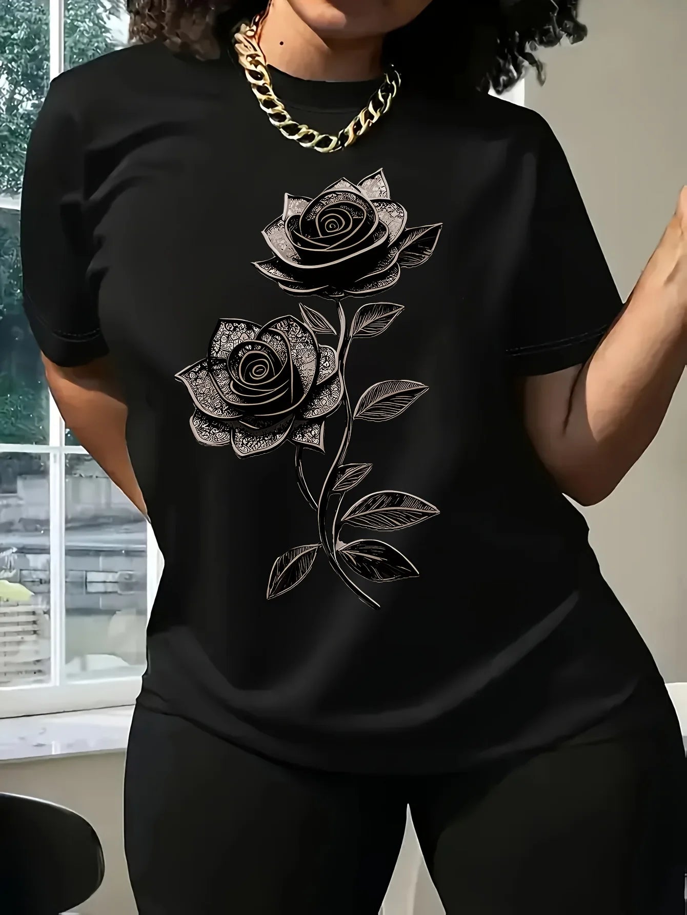 Women's Casual Crew Neck Flowers and plants T-Shirt