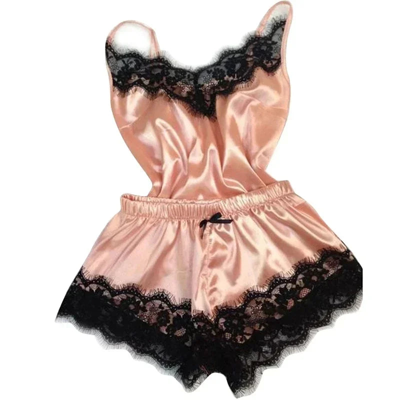 Lace Satin Pajama Set for Women Sleepwear