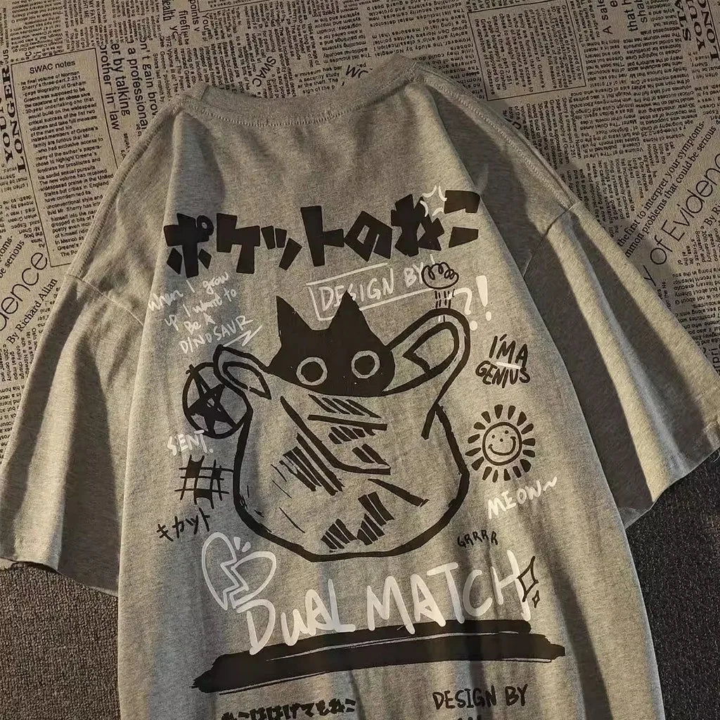 Summer Japanese Retro Pocket Cat Cartoon Printed Short
