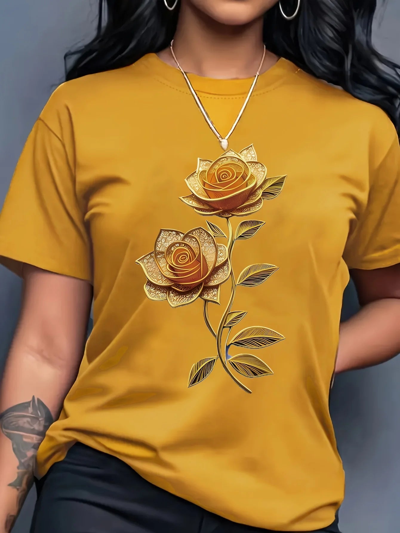 Women's Casual Crew Neck Flowers and plants T-Shirt