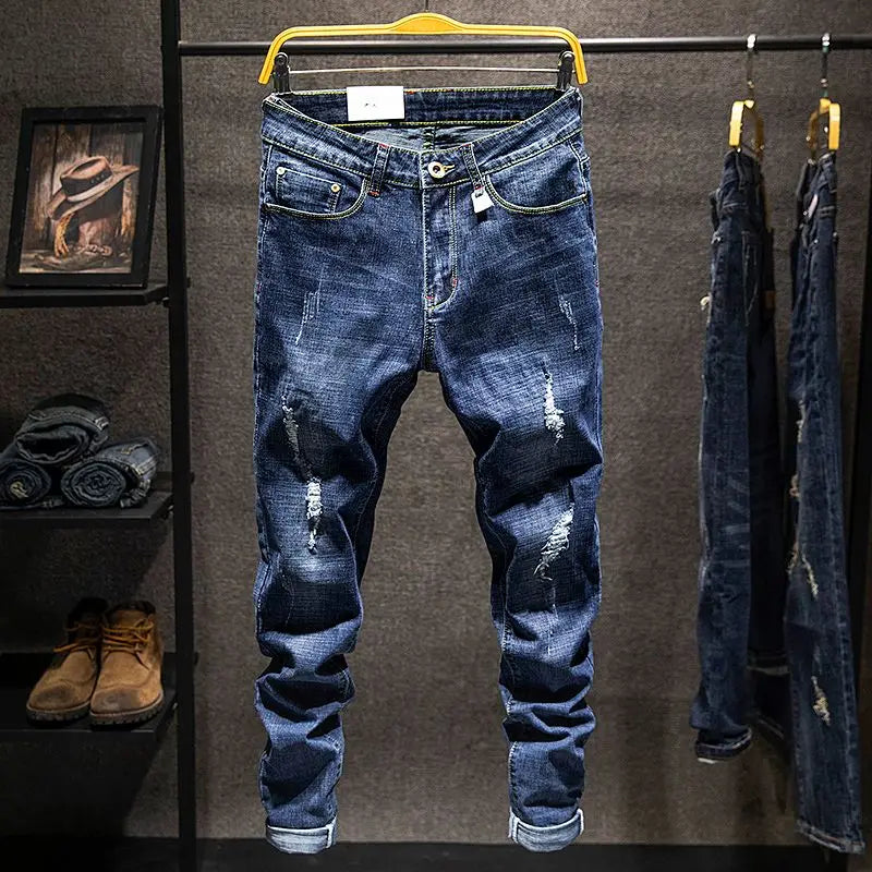 American Elastic Straight Jeans Men Ripped