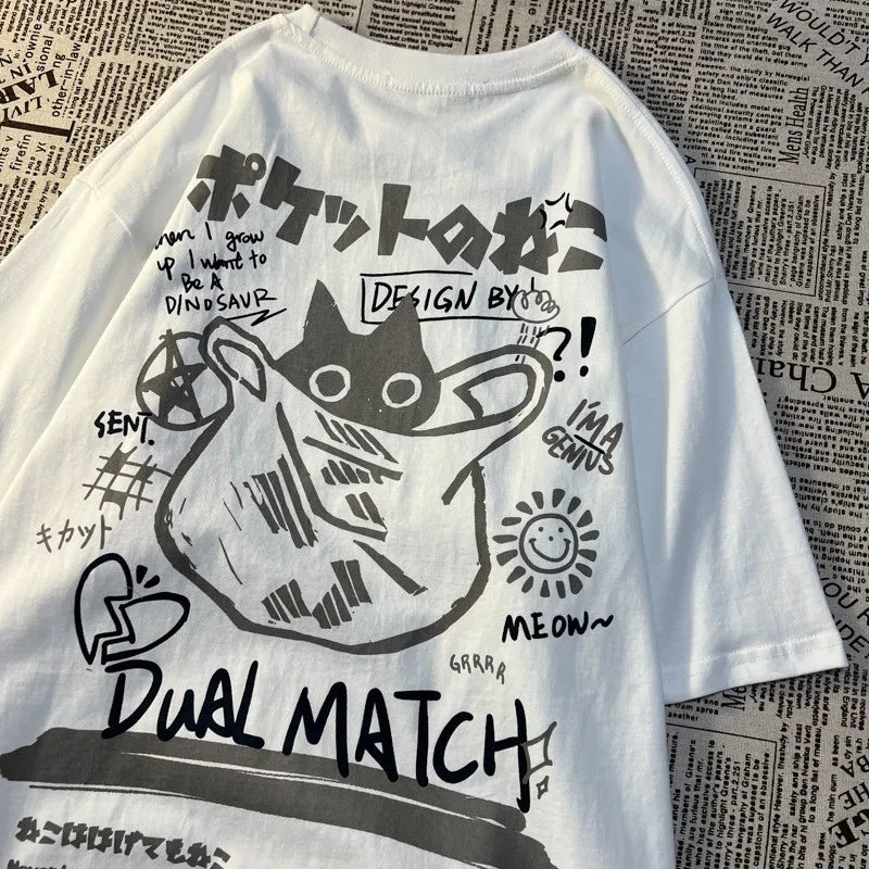 Summer Japanese Retro Pocket Cat Cartoon Printed Short