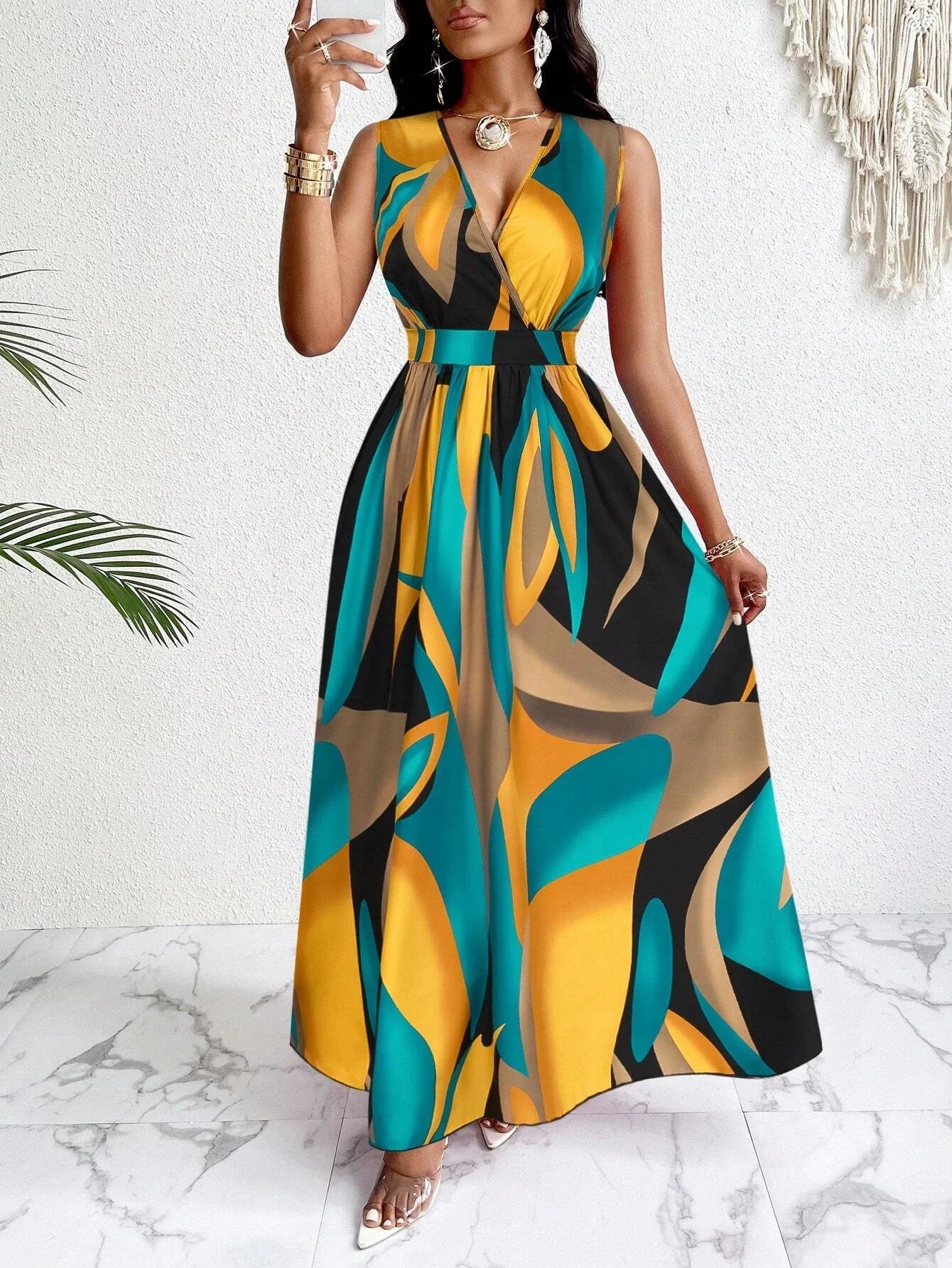 Women's sleeveless V-neck floor-length